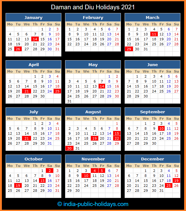 Daman and Diu Holiday Calendar 2021